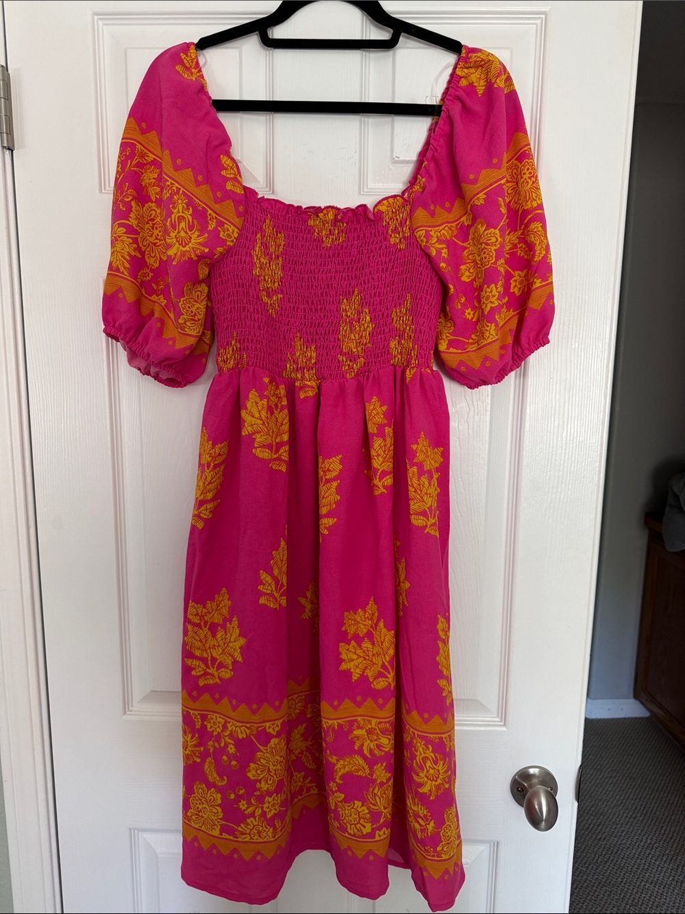 Haptics Smocked Fuchsia Midi Dress with Yellow Floral Print